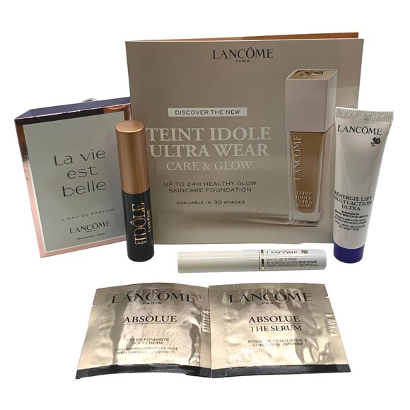 Lancome 8 Piece Gift Set Travel Skin Care & Makeup White Bag Mascara Absolue EDP - Picture 2 of 5